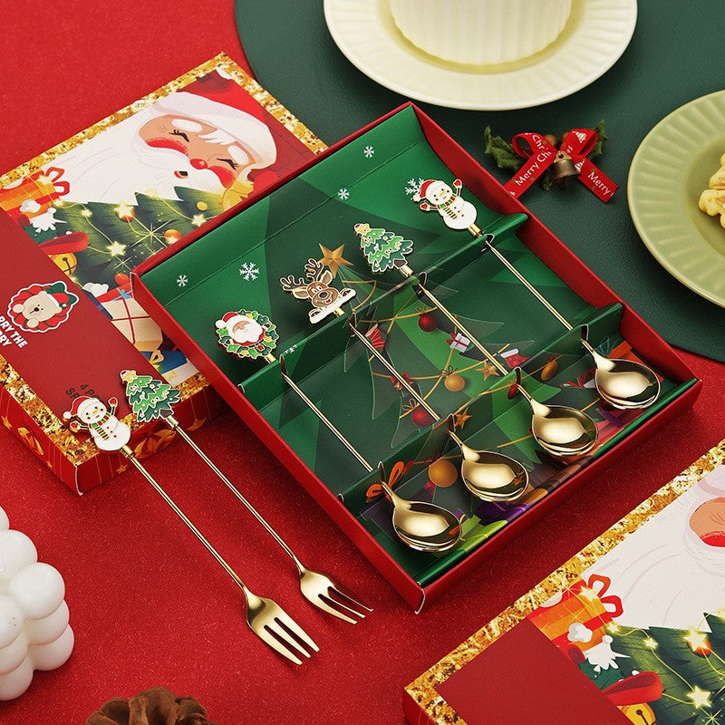 Set 4 Lingurite, Flippy, Tema Craciun, Model Carry The Merry, 4 Modele, din Otel Inoxidabil, 19.5 x 16 x 2 cm,
