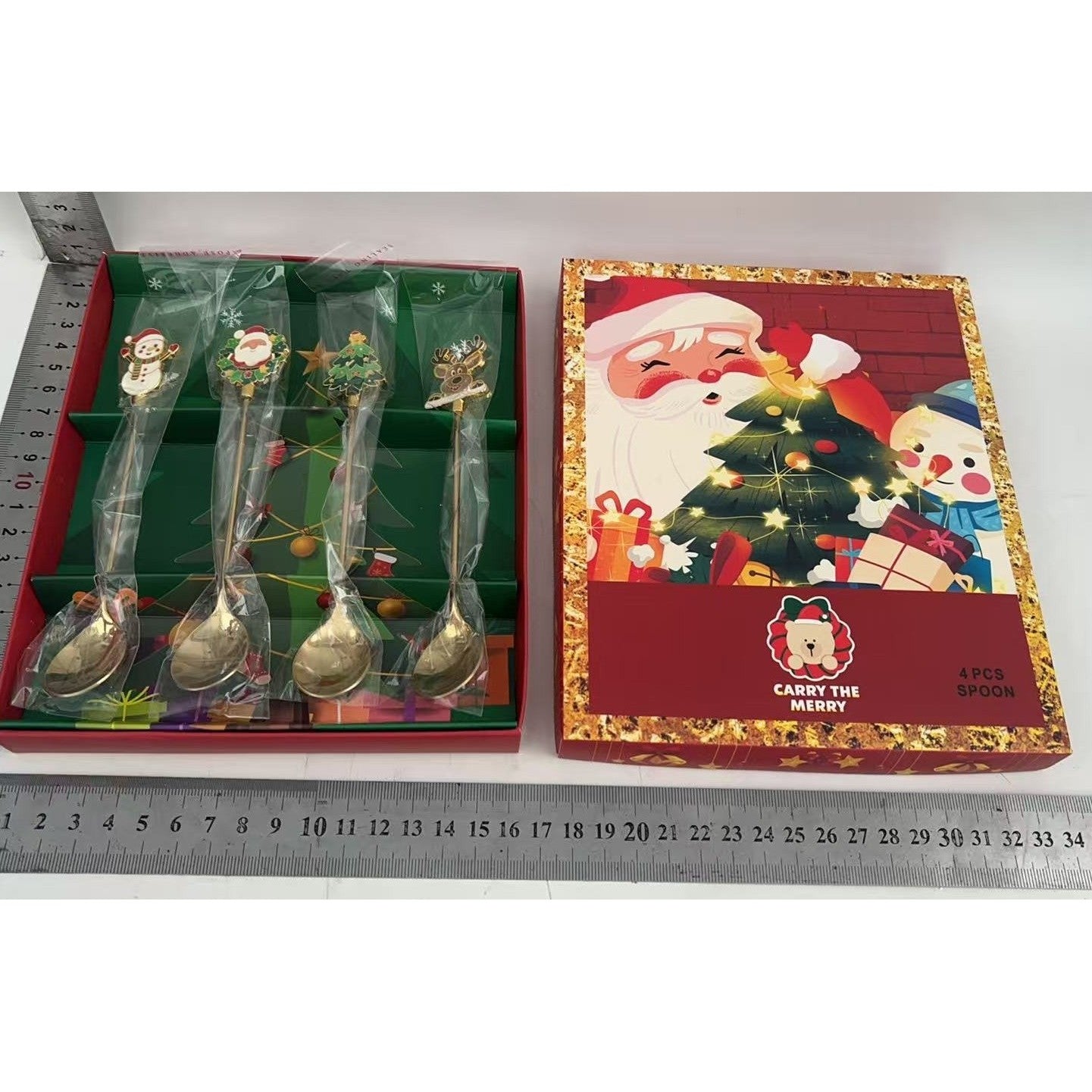 Set 4 Lingurite, Flippy, Tema Craciun, Model Carry The Merry, 4 Modele, din Otel Inoxidabil, 19.5 x 16 x 2 cm,