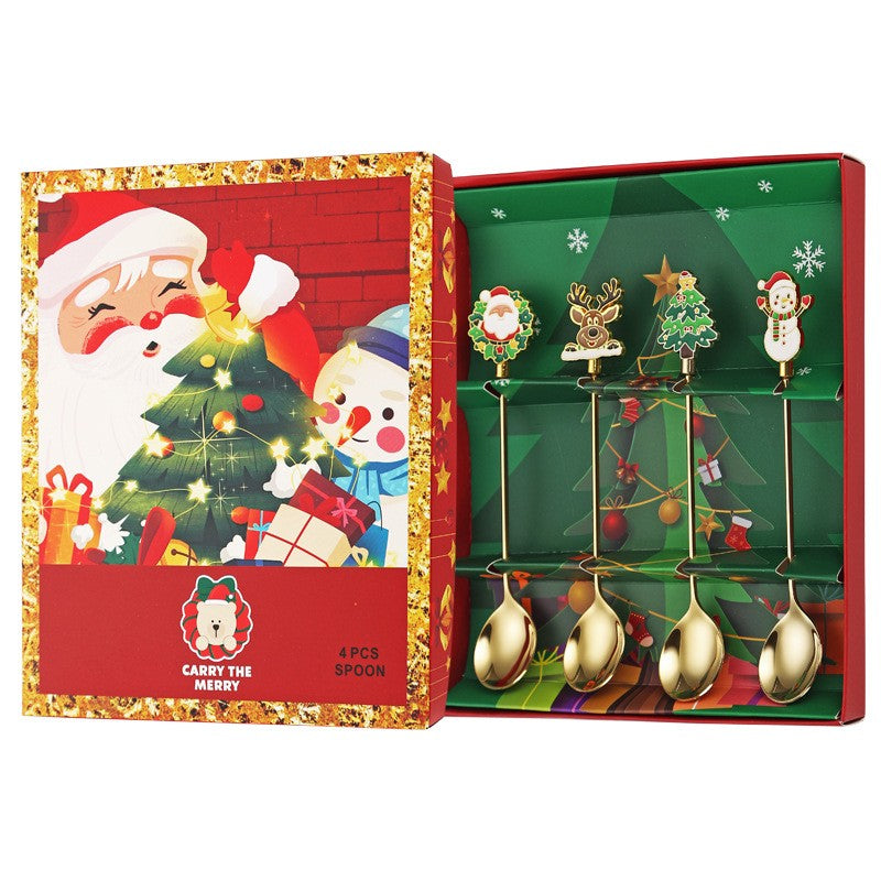 Set 4 Lingurite, Flippy, Tema Craciun, Model Carry The Merry, 4 Modele, din Otel Inoxidabil, 19.5 x 16 x 2 cm,