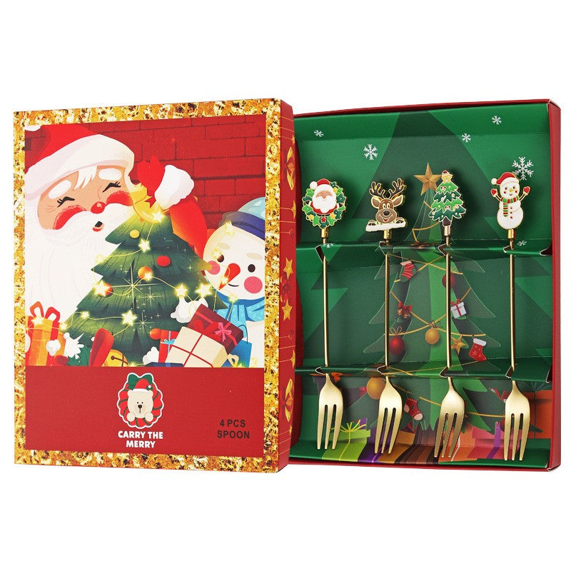 Set 4 Furculite, Flippy, Tema Craciun, Model Carry The Merry, 4 Modele, din Otel Inoxidabil, 19.5 x 16 x 2 cm,