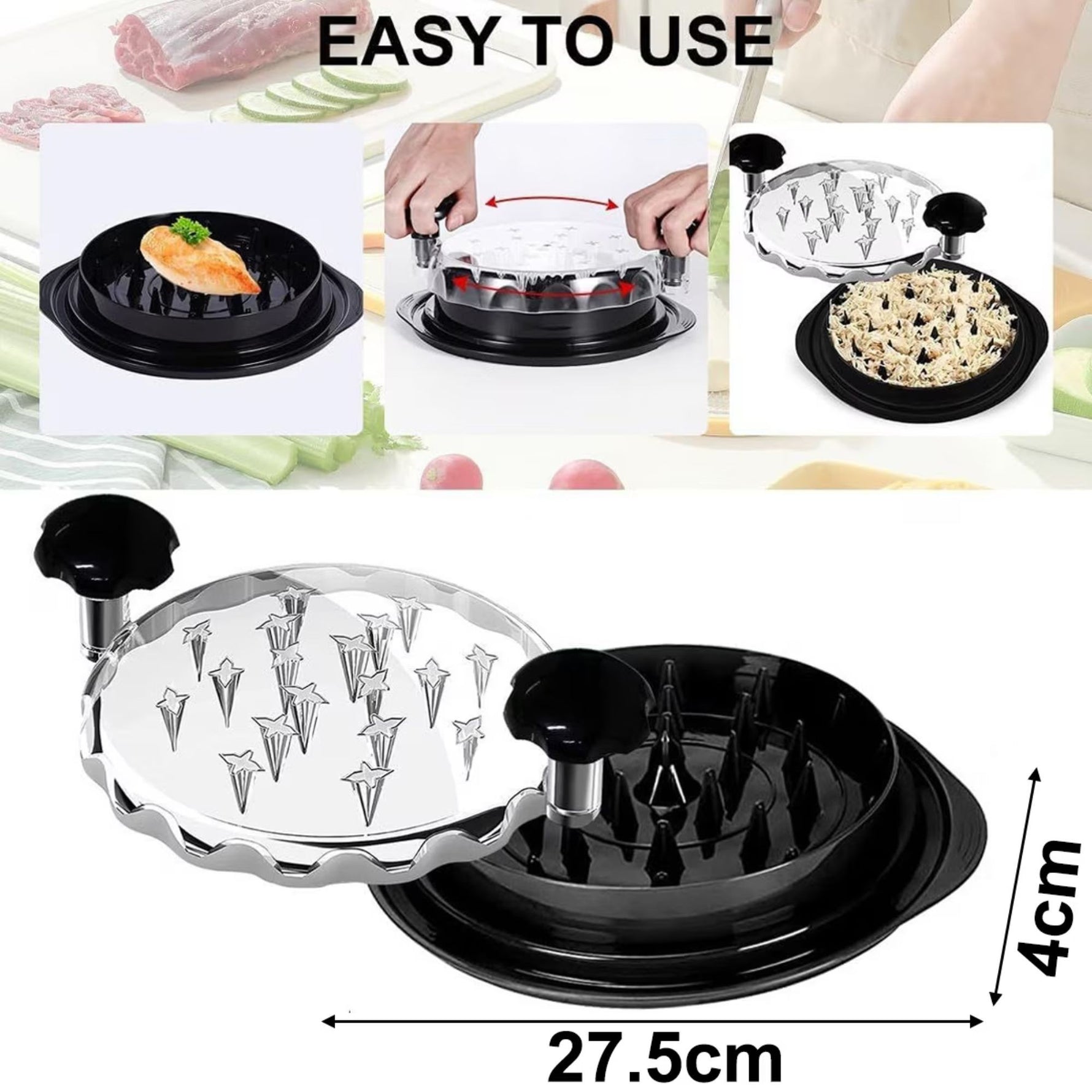 Tocator Manual pentru Carne, Flippy, cu Capac Transparent, Tocator de Pui Antiderapant, Manere Ergonomice, 25 x 25 x