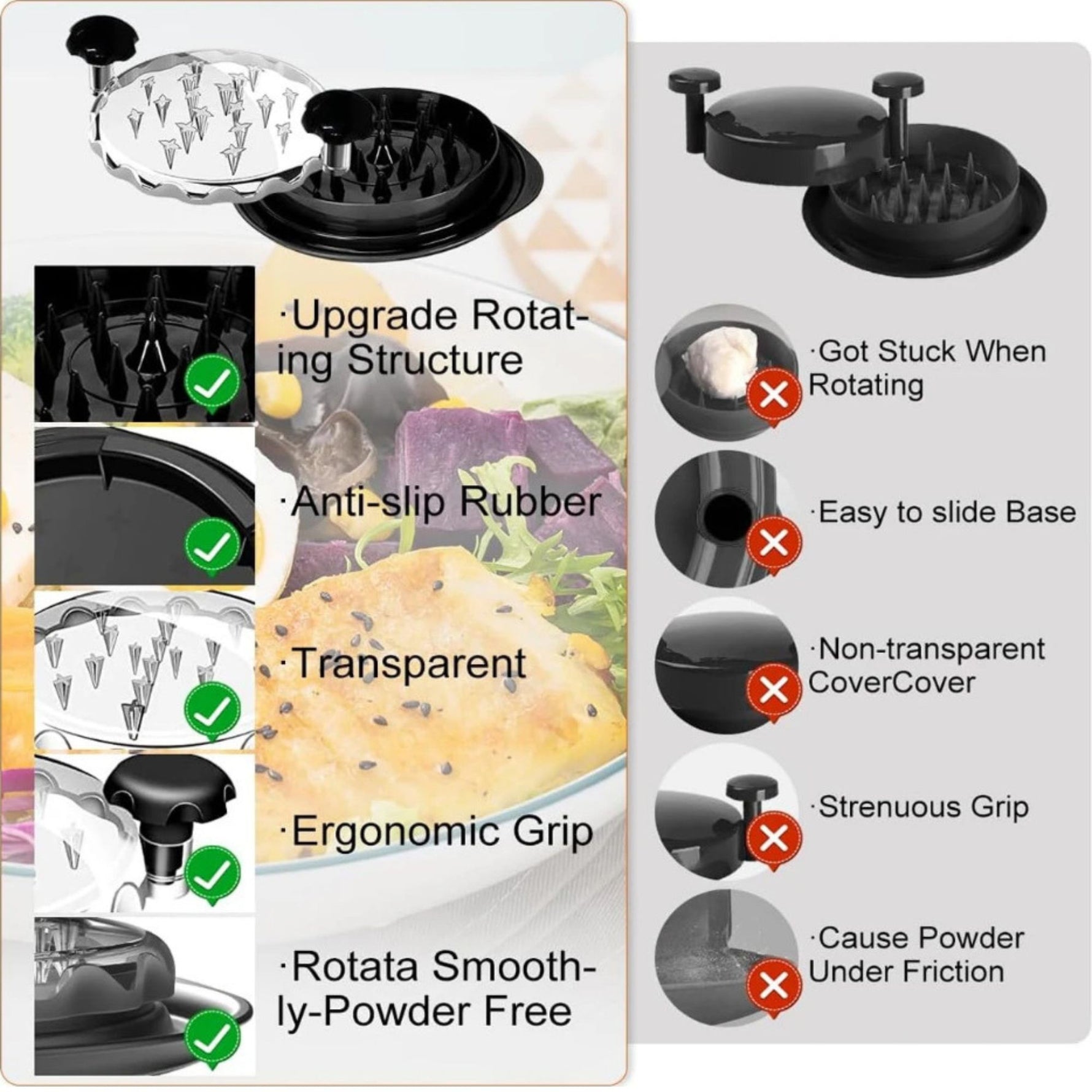 Tocator Manual pentru Carne, Flippy, cu Capac Transparent, Tocator de Pui Antiderapant, Manere Ergonomice, 25 x 25 x