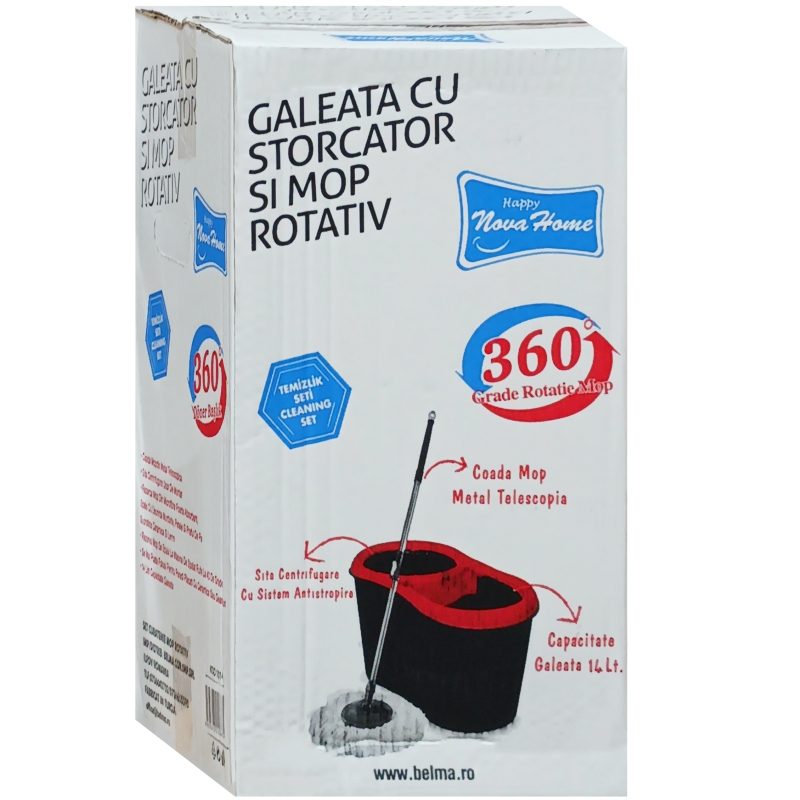 Set Galeata cu Storcator si Mop Rotativ, Coada Mop Metal Telescopia, 360 grade Rotatie Mop, Capacitate Galeata 14 L