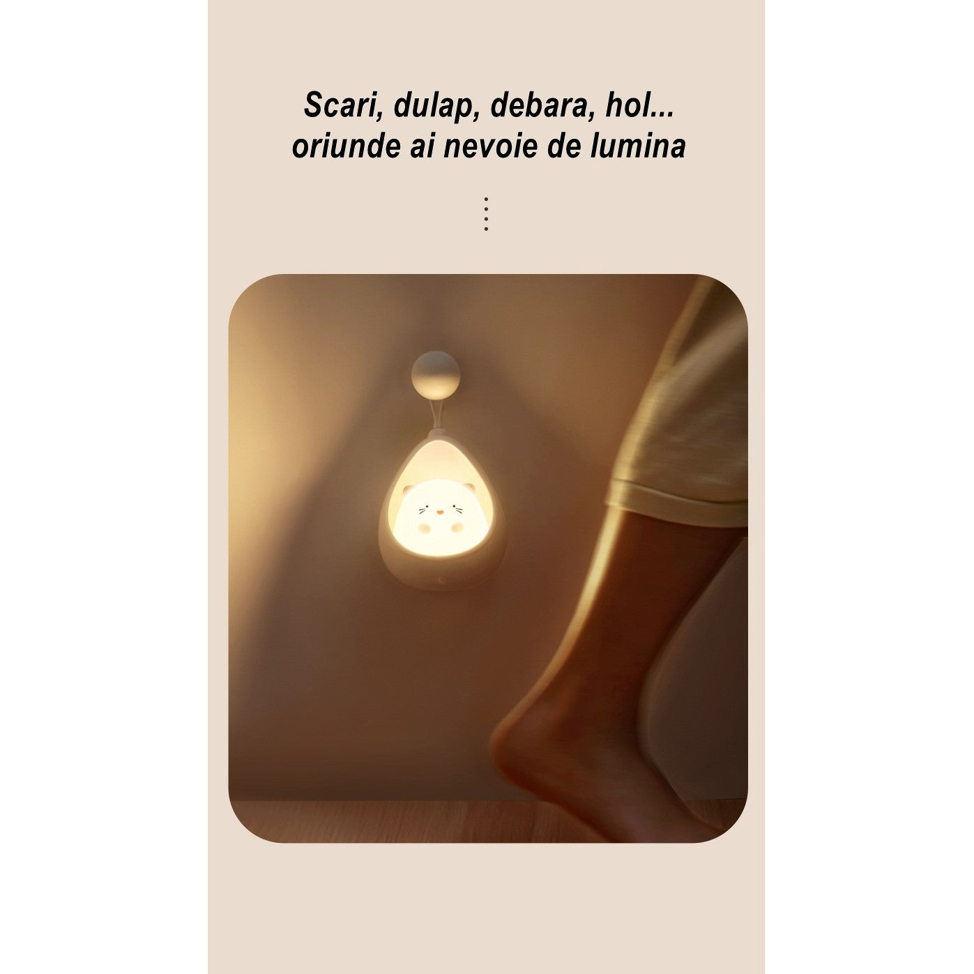 Lampa de veghe portabila cu 2 moduri de functionare Flippy, silicon non-toxic, reincarcabila USB, senzor miscare, alb,