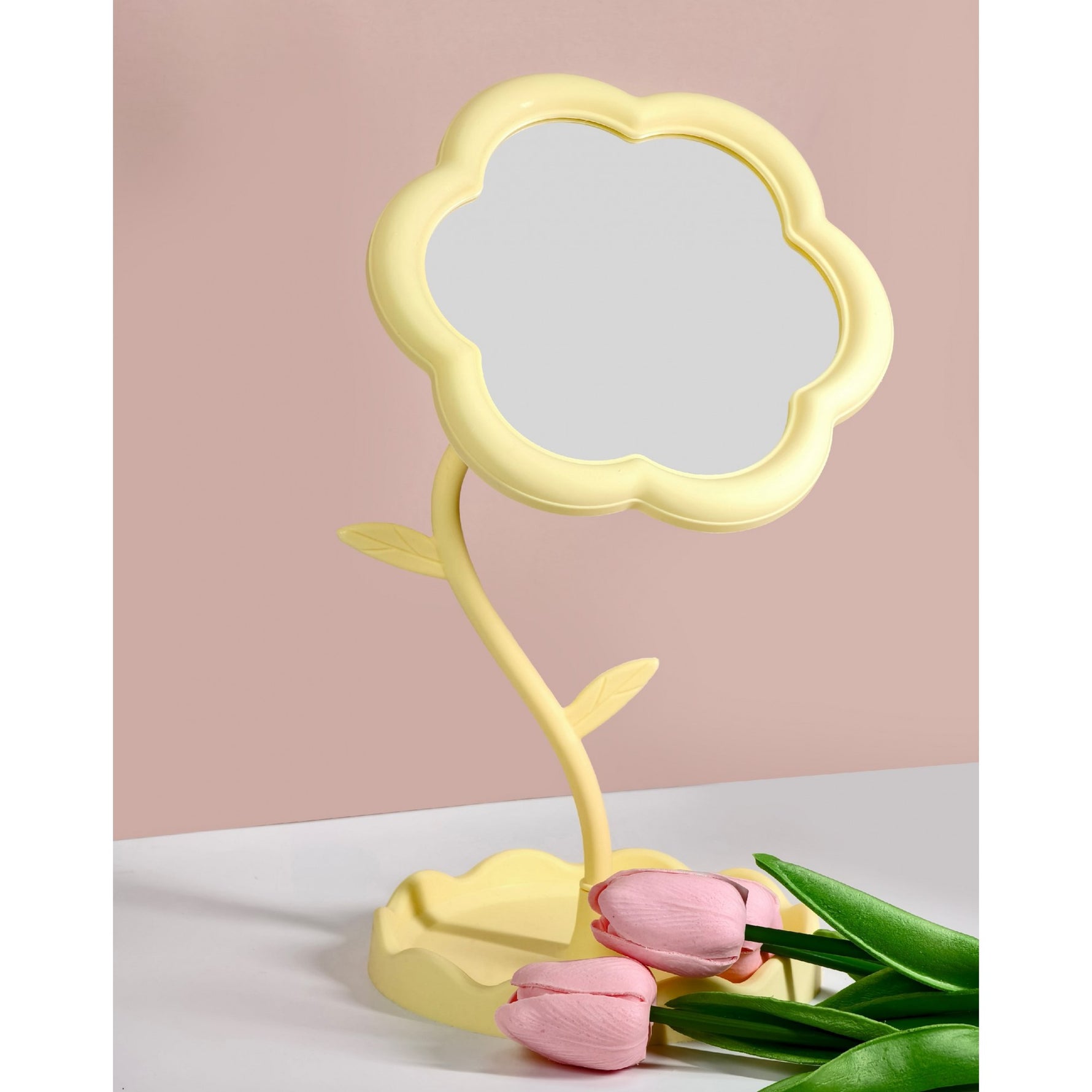 Oglindă de Machiaj pentru Birou, Flippy, Rotativă, Detasabilă, Model de Floarea Soarelui, Suport pentru Inele, cu