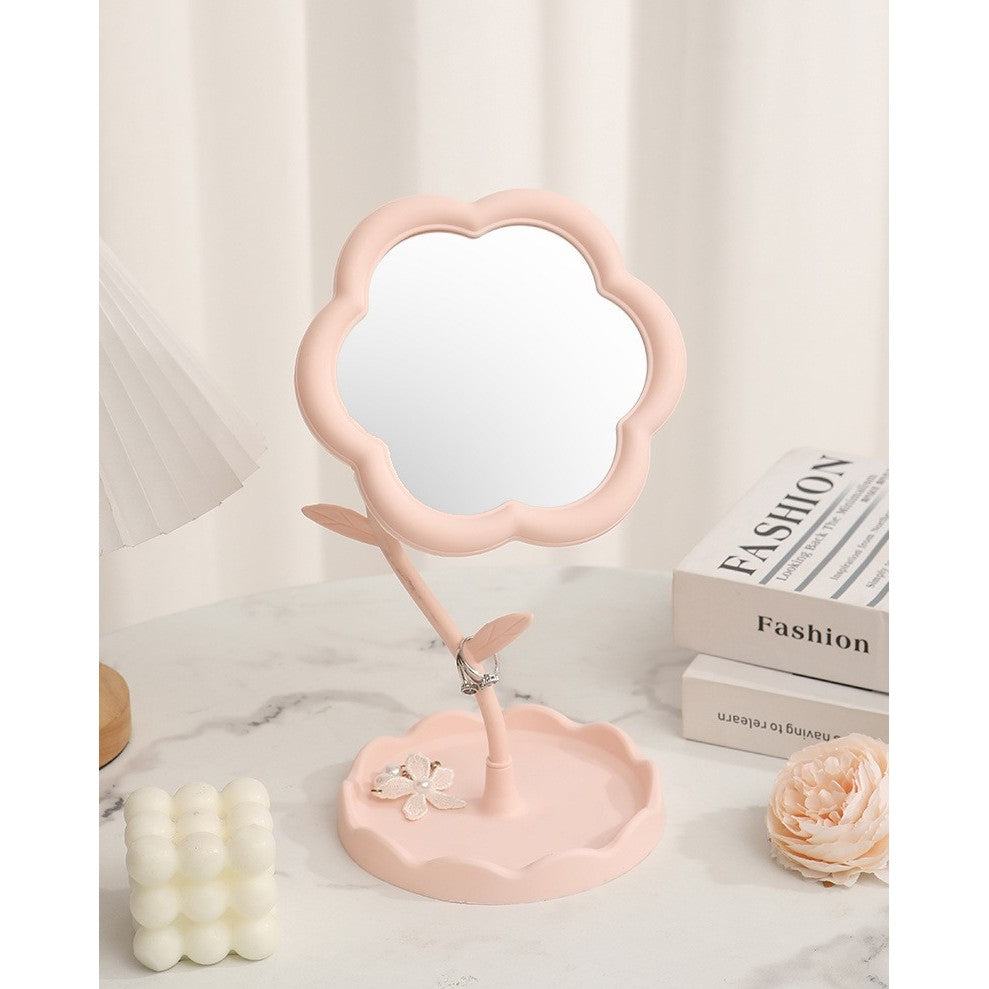 Oglindă de Machiaj pentru Birou, Flippy, Rotativă, Detasabilă, Model de Floarea Soarelui, Suport pentru Inele, cu