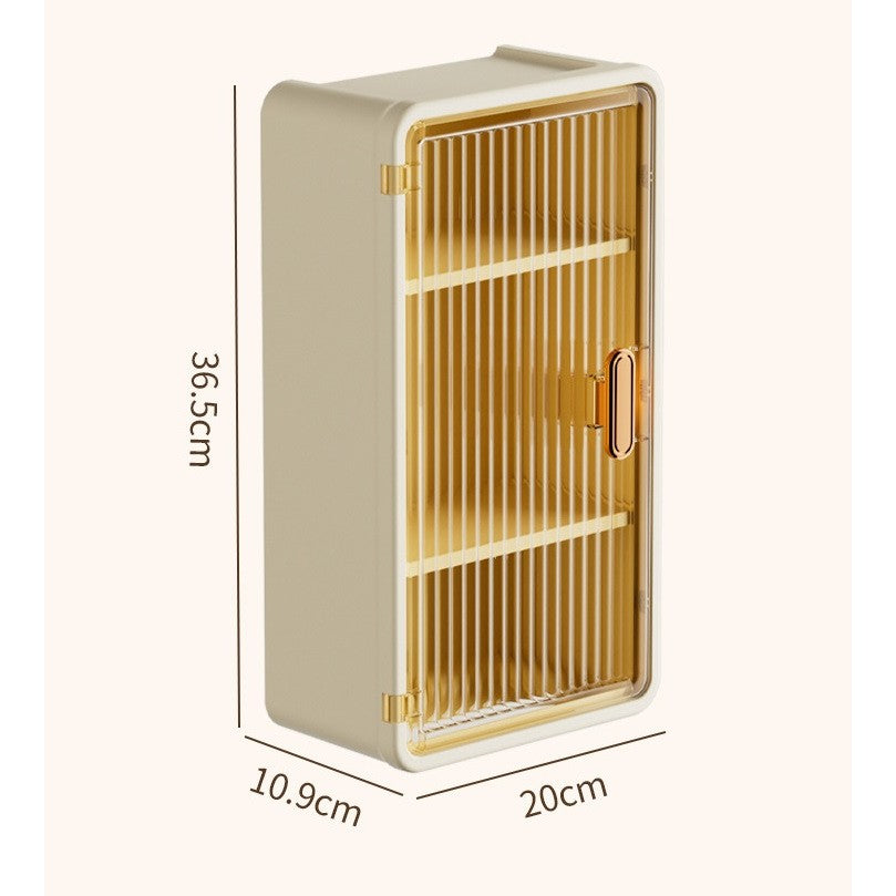 Organizator Cosmetice, Flippy, Montare pe Perete fara Perforare, 36.5x10.9x20 cm, cu 3 Rafturi, din PP si ABS, Bej, Usa