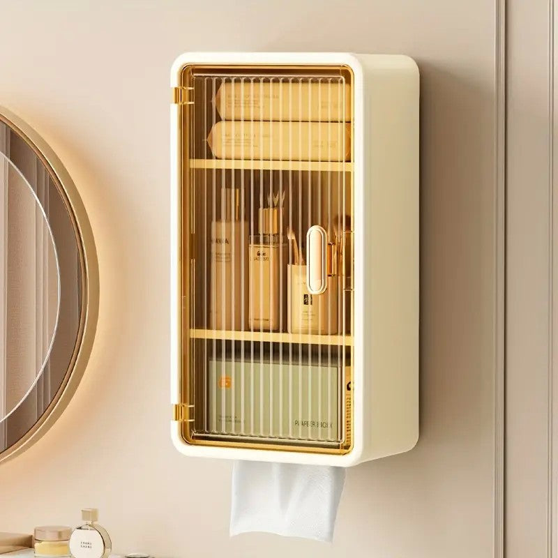 Organizator Cosmetice, Flippy, Montare pe Perete fara Perforare, 36.5x10.9x20 cm, cu 3 Rafturi, din PP si ABS, Bej, Usa