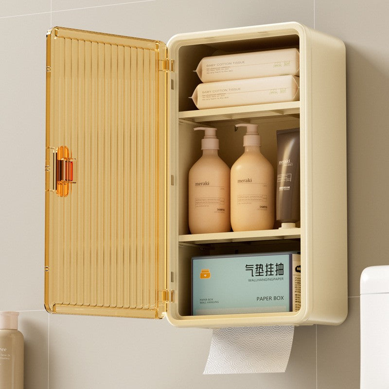 Organizator Cosmetice, Flippy, Montare pe Perete fara Perforare, 36.5x10.9x20 cm, cu 3 Rafturi, din PP si ABS, Bej, Usa