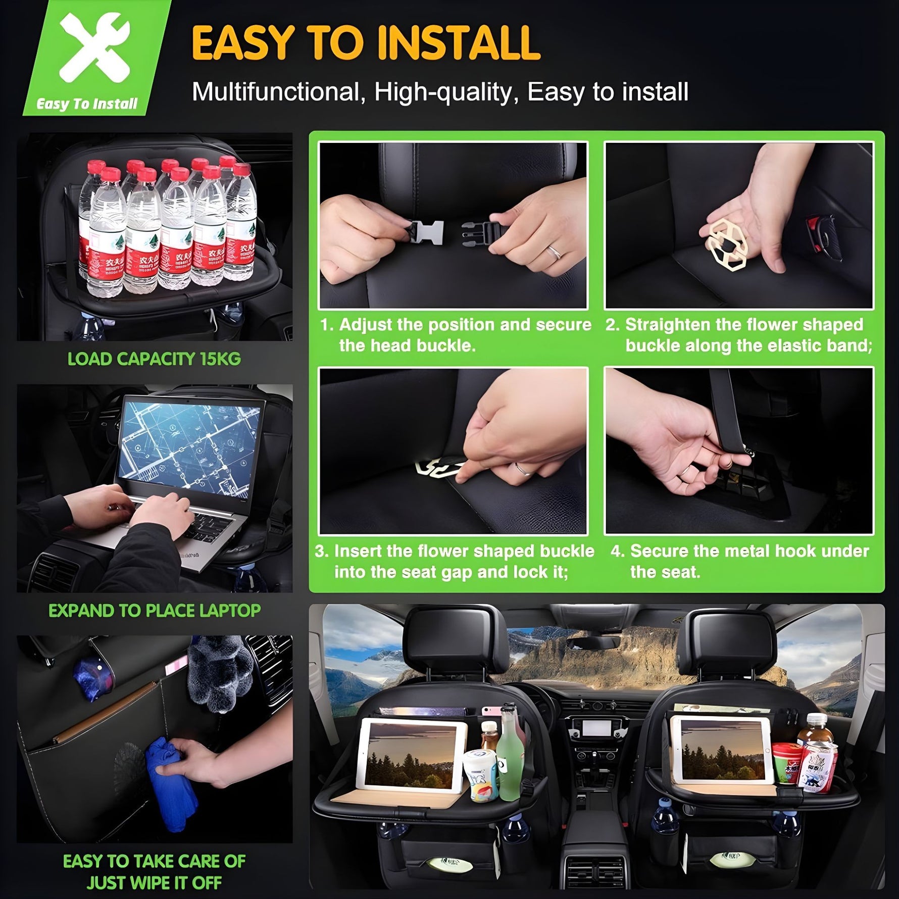 Organizator Spate Scaun Auto, Flippy, Masa Pliabila, Piele Ecologica, Impermeabil, Suport pentru Tableta, Sortare