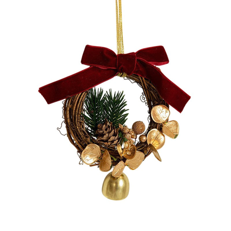 Ornament de Brad, Flippy, tip Coronita de Craciun cu 1 Clopotel cu Flori Aurii si Conuri de Brad, Panglica Rosie de