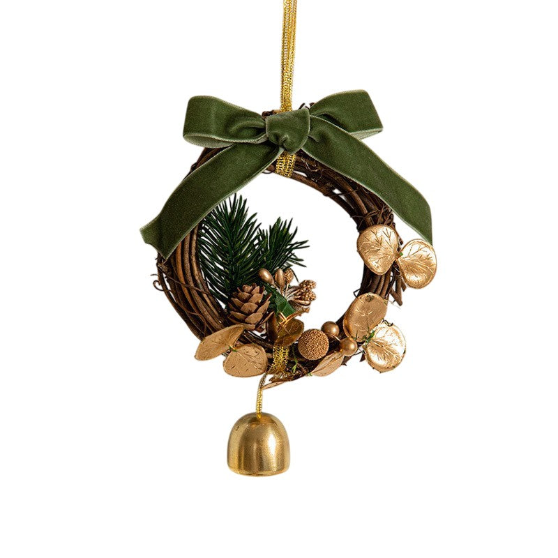 Ornament de Brad, Flippy, tip Coronita de Craciun cu 1 Clopotel cu Flori Aurii si Conuri de Brad, Panglica Verde de