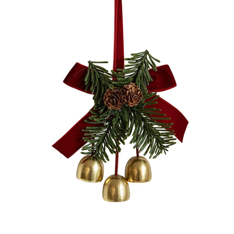 Ornament de Brad, Flippy, tip Funda de Craciun cu 3 Clopotei Aurii si Conuri de Brad, Panglica Rosie de Velvet, 16 x 11