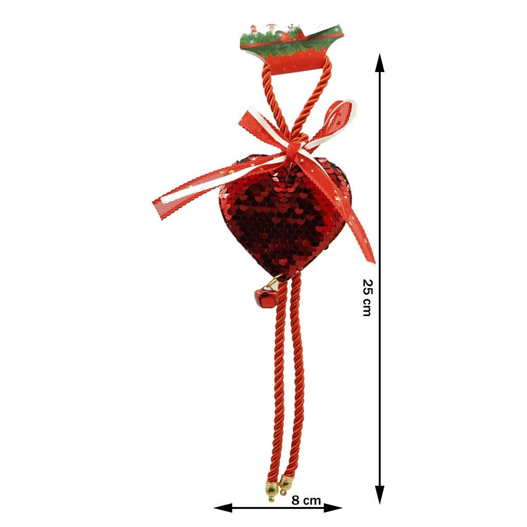 Ornament de brad inima cu paiete, Flippy, rosu, lemn, 25 cm