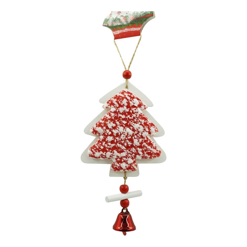 Ornament de brad pom de craciun din tweed, Flippy, alb/rosu, lemn, 18 cm
