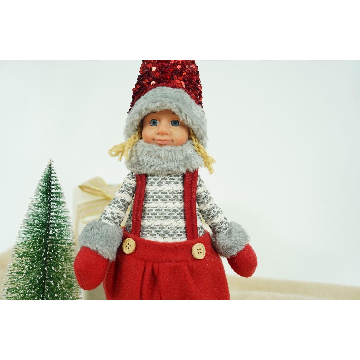 Ornament de Craciun papusa, Flippy, rosu/gri, textil, 58 cm