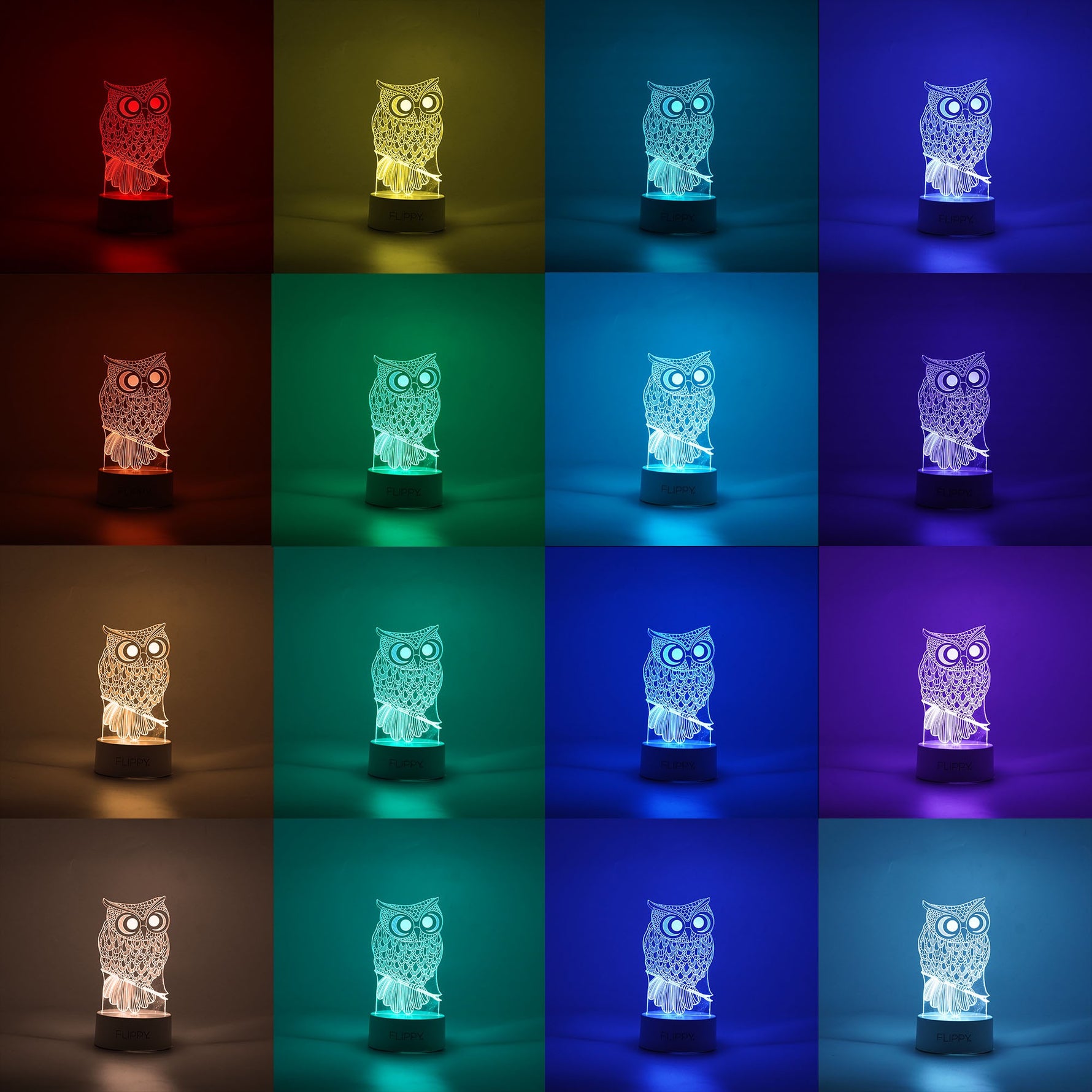 Lampa LED decorativa, Flippy, 3D, Bufnita, cu USB si baterii, 20 cm inaltime, din material acril, lumina multicolora si