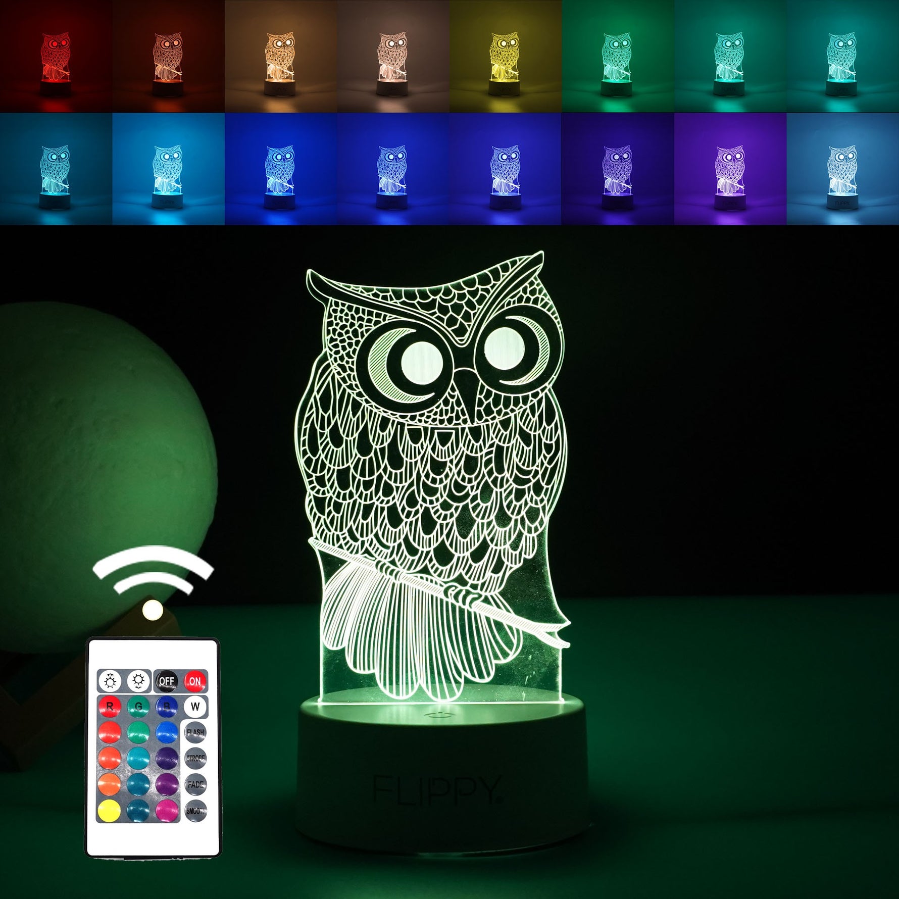 Lampa LED decorativa, Flippy, 3D, Bufnita, cu USB si baterii, 20 cm inaltime, din material acril, lumina multicolora si