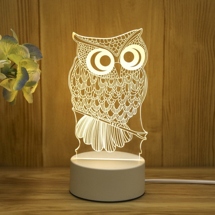 Lampa LED decorativa, Flippy, 3D, Bufnita, cu USB si baterii, 20 cm inaltime, din material acril, lumina multicolora si