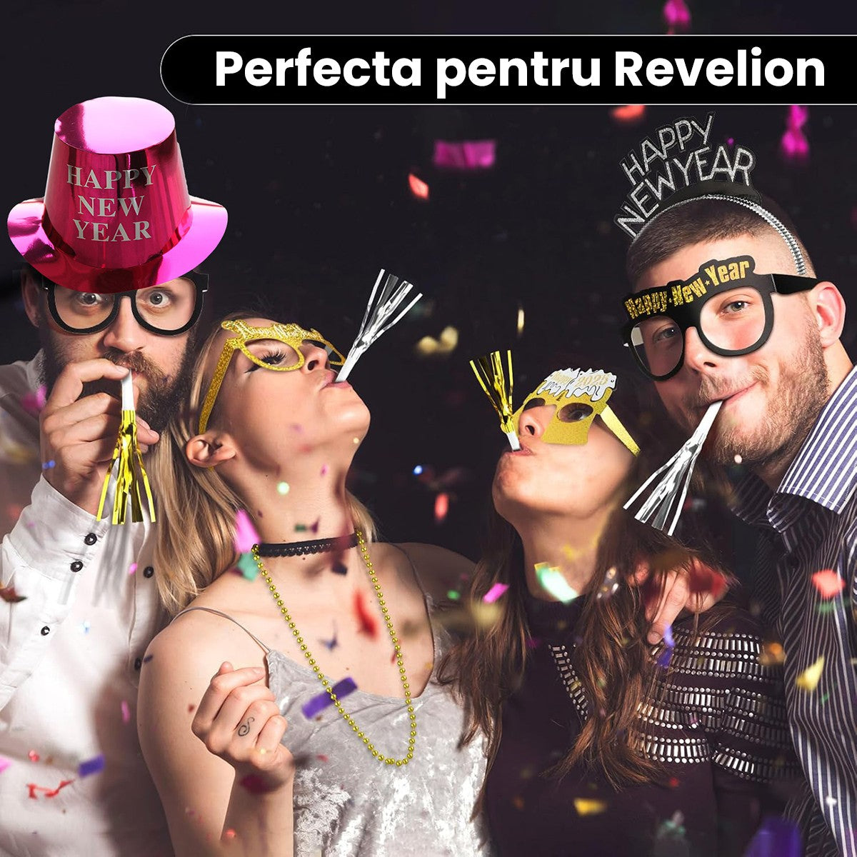 Palarie Happy New Year pentru Revelion, Flippy, Palarie Festiva de Anul Nou, Palarie Magica din Hartie, 29 x 25 x 15.5