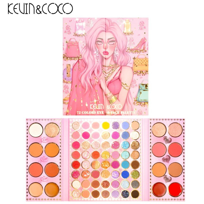 Paleta de farduri Kevin&Coco, 72 de culori, stil pliabil, conturing, iluminator, blush incluse, dreptunghiulara, 22 x
