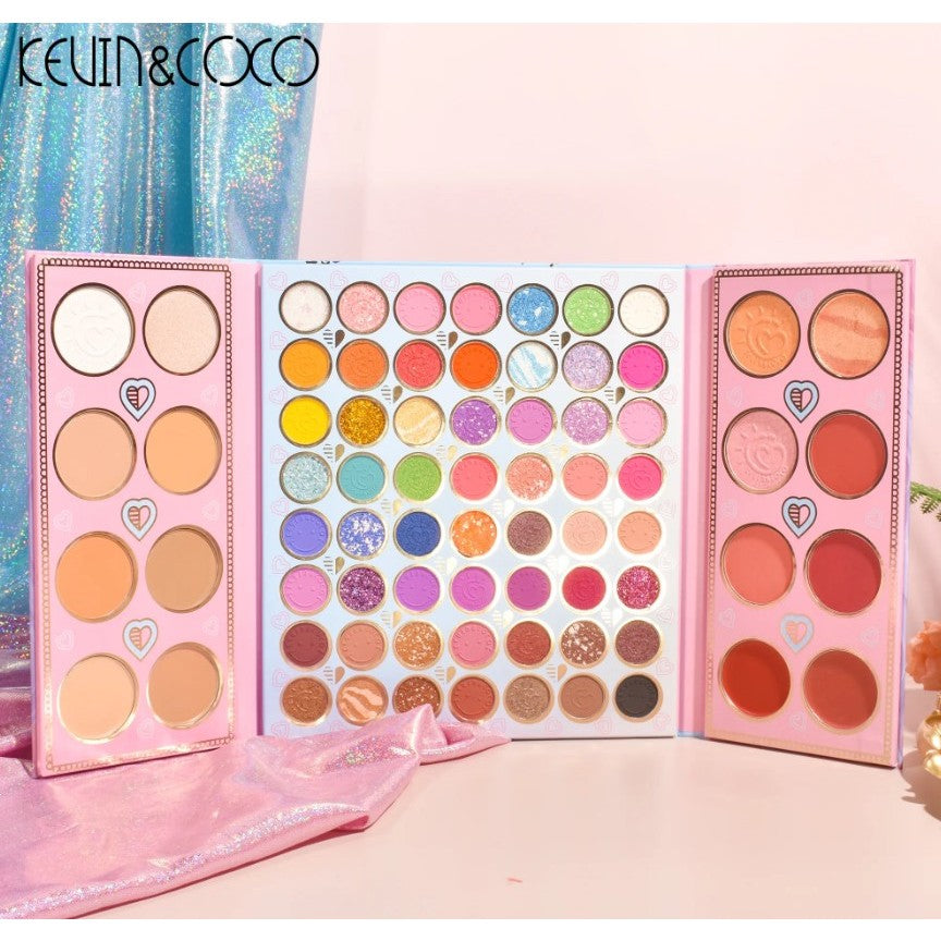Paleta de farduri Kevin&Coco, 72 de culori, stil pliabil, conturing, iluminator, blush incluse, dreptunghiulara, 22 x