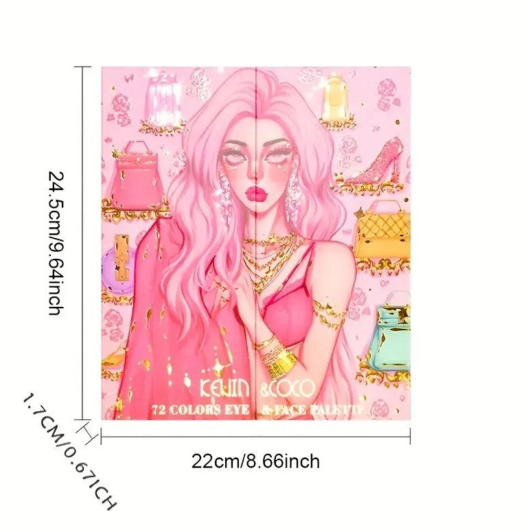 Paleta de farduri Kevin&Coco, 72 de culori, stil pliabil, conturing, iluminator, blush incluse, dreptunghiulara, 22 x
