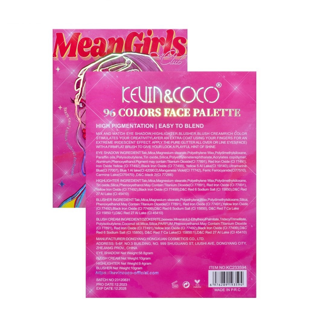 Trusa de Machiaj, KEVIN & COCO, Mean Girl Heart, Fard de Pleoape, Iluminator, Blush Cremos, 96 culori, 21 x 15.7 x 2.4