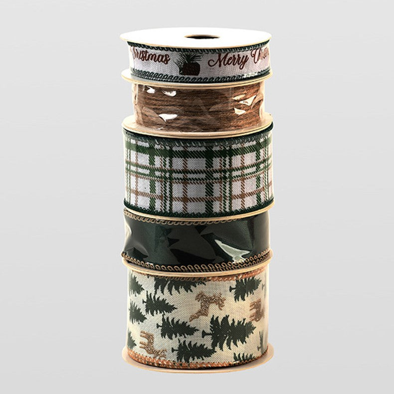Panglica Decorativa cu Tematica de Craciun, Flippy, Set din 4 bucat + 1 Rulon Ata Maro, Panglica pentru Cadou de