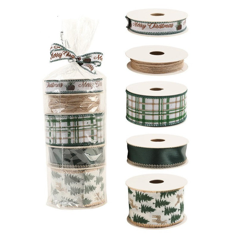 Panglica Decorativa cu Tematica de Craciun, Flippy, Set din 4 bucat + 1 Rulon Ata Maro, Panglica pentru Cadou de