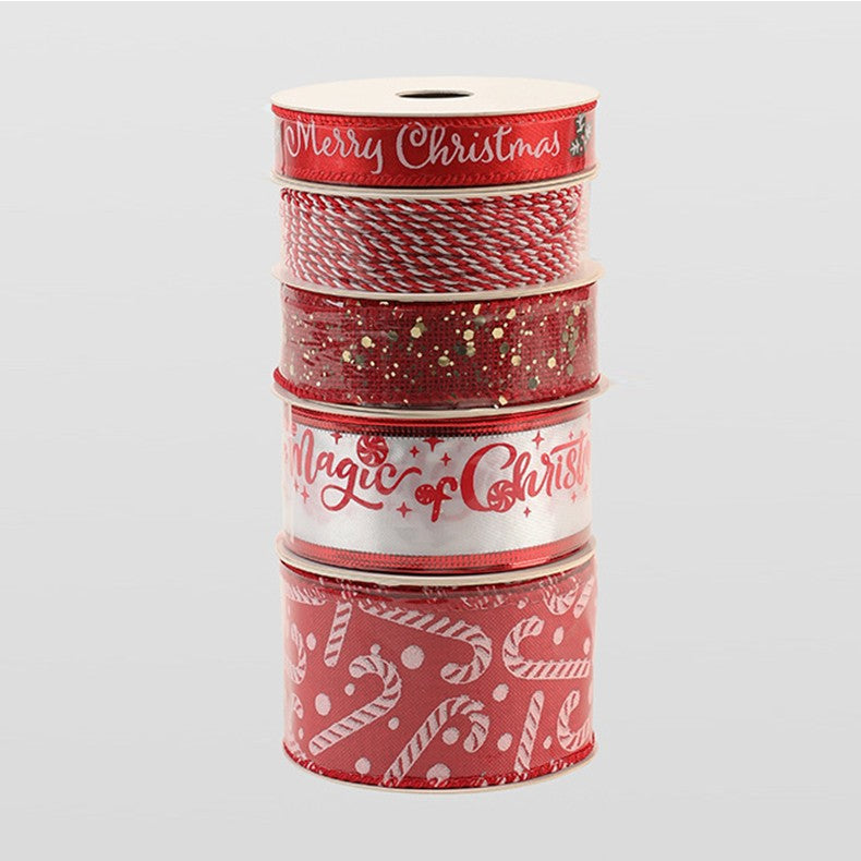 Panglica Decorativa cu Tematica de Craciun, Flippy, Set din 4 bucat + 1 Rulon Ata Rosie Alba, Panglica pentru Cadou de