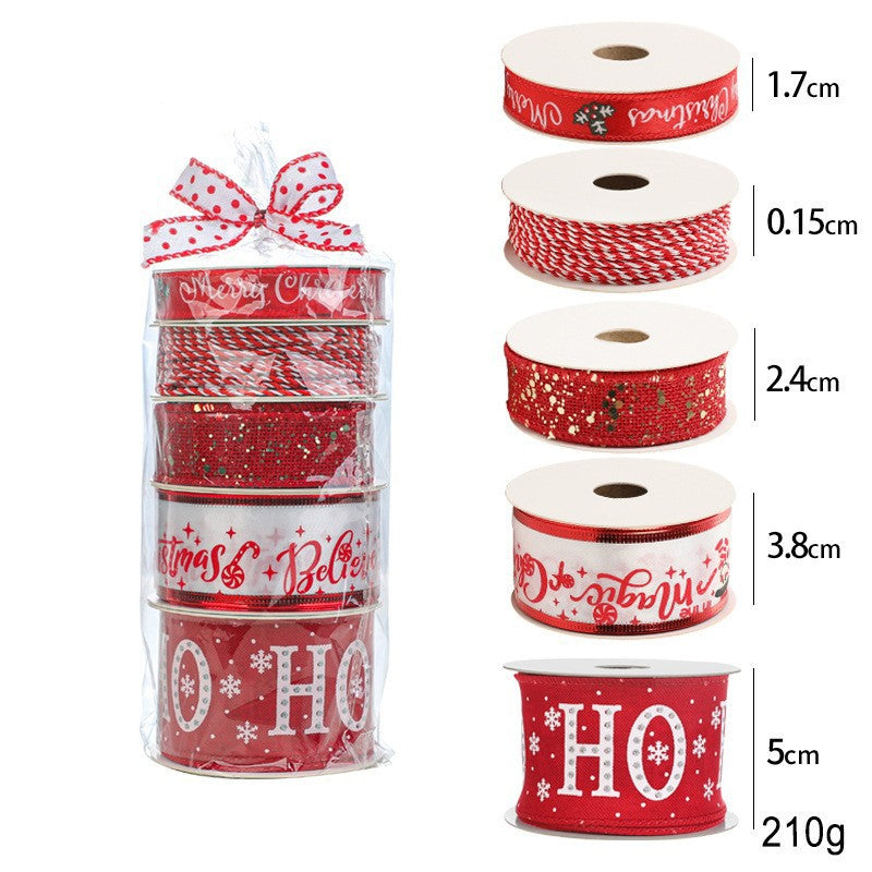 Panglica Decorativa cu Tematica de Craciun, Flippy, Set din 4 bucat + 1 Rulon Ata Rosie Alba, Panglica pentru Cadou de