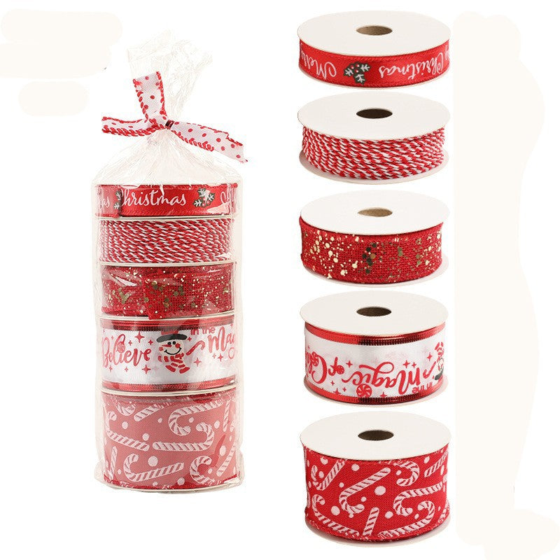 Panglica Decorativa cu Tematica de Craciun, Flippy, Set din 4 bucat + 1 Rulon Ata Rosie Alba, Panglica pentru Cadou de