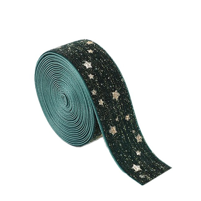 Panglica Decorativa de Craciun, Flippy, Panglica din Panza cu aspec de Catifea, Funda Ornament, Model cu Stele Aurii,