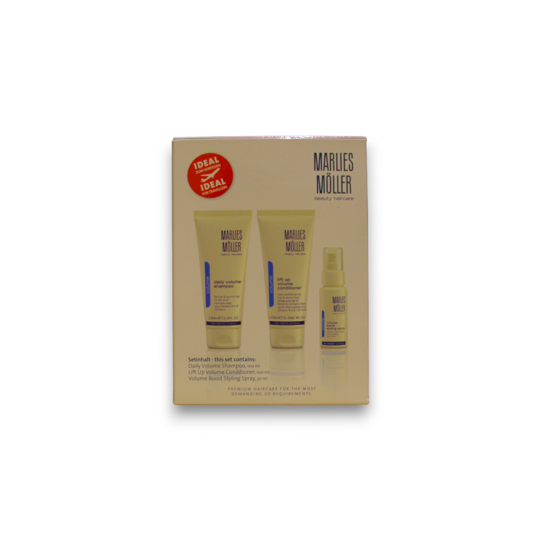 Perfect Volume Set Marlies Moller: Daily Volume, Hair Shampoo, 100 ml + Lift-Up, Hair Conditioner, For Volume, 100 ml + Volume, Hair Spray, For Styling, 30 ml - Olmarkt