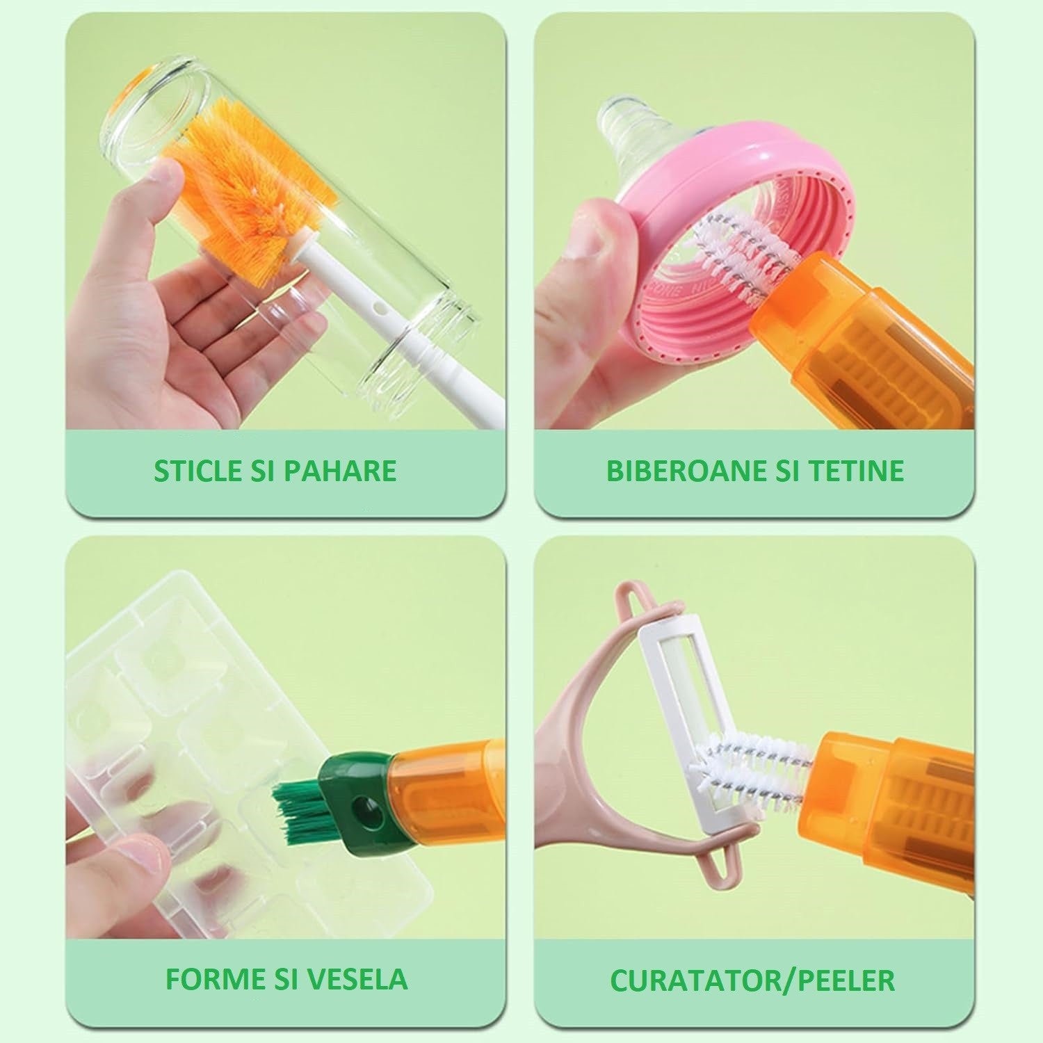 Perie 5 in 1 de Curatat Pahare, Cani, Sticle, Flippy, cu Maner Lung, Accesorii pentru Spalarea Paielor si Capacelor,