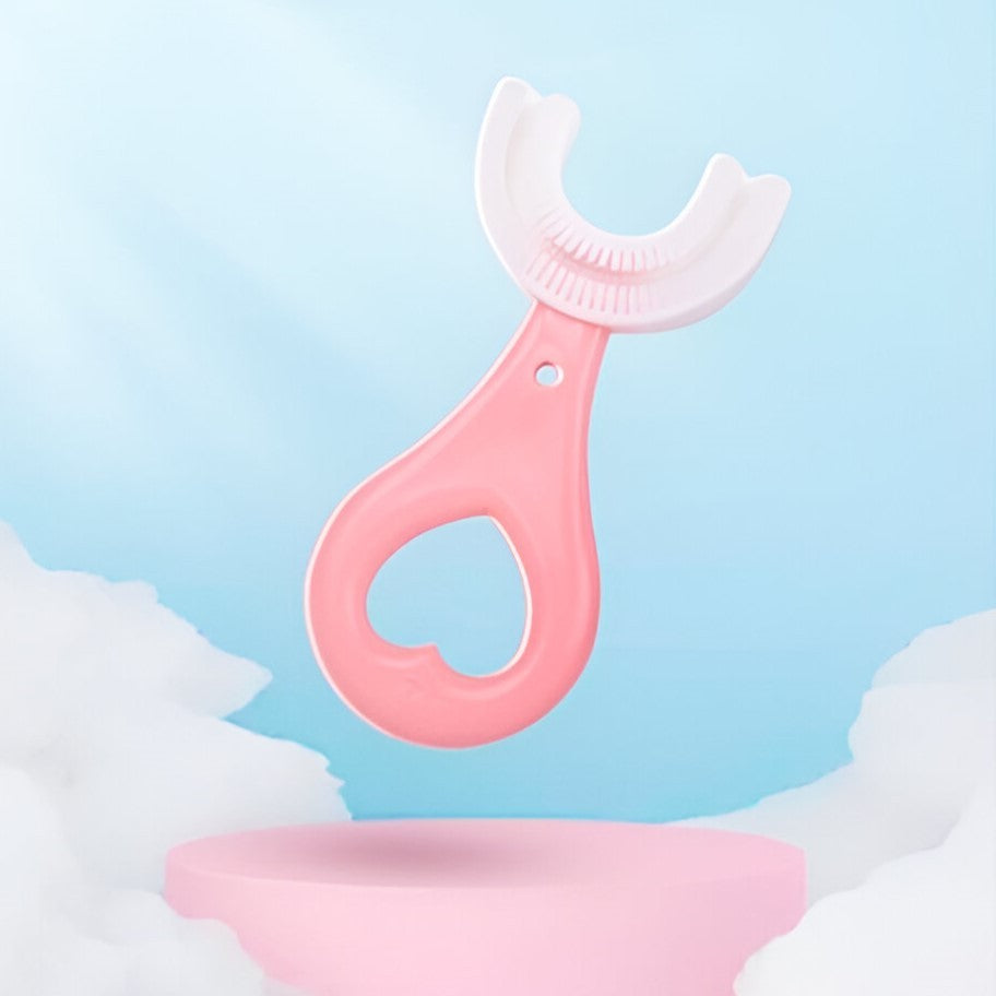 Periuta de Dinti in Forma de U, Flippy, pentru Sugari si Copii 2-6 ani, Peri Moi, 9 cm, Model Inima, Culoare Roz