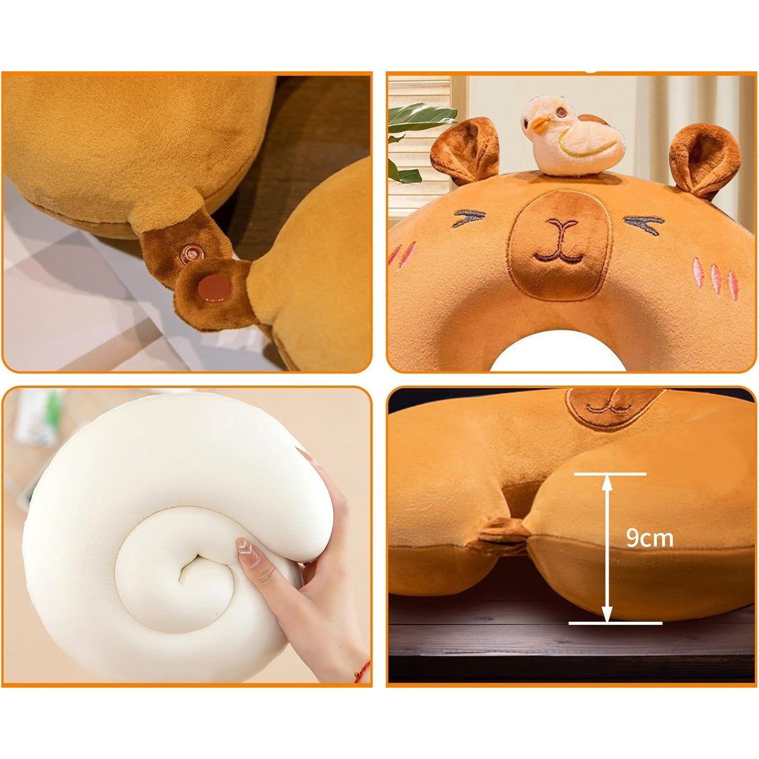 Perna de Calatorie in Forma de U, Flippy, Pentru Gat si Cap, Umplutura din Spuma cu Memorie, 30x30 cm, Model Capybara,
