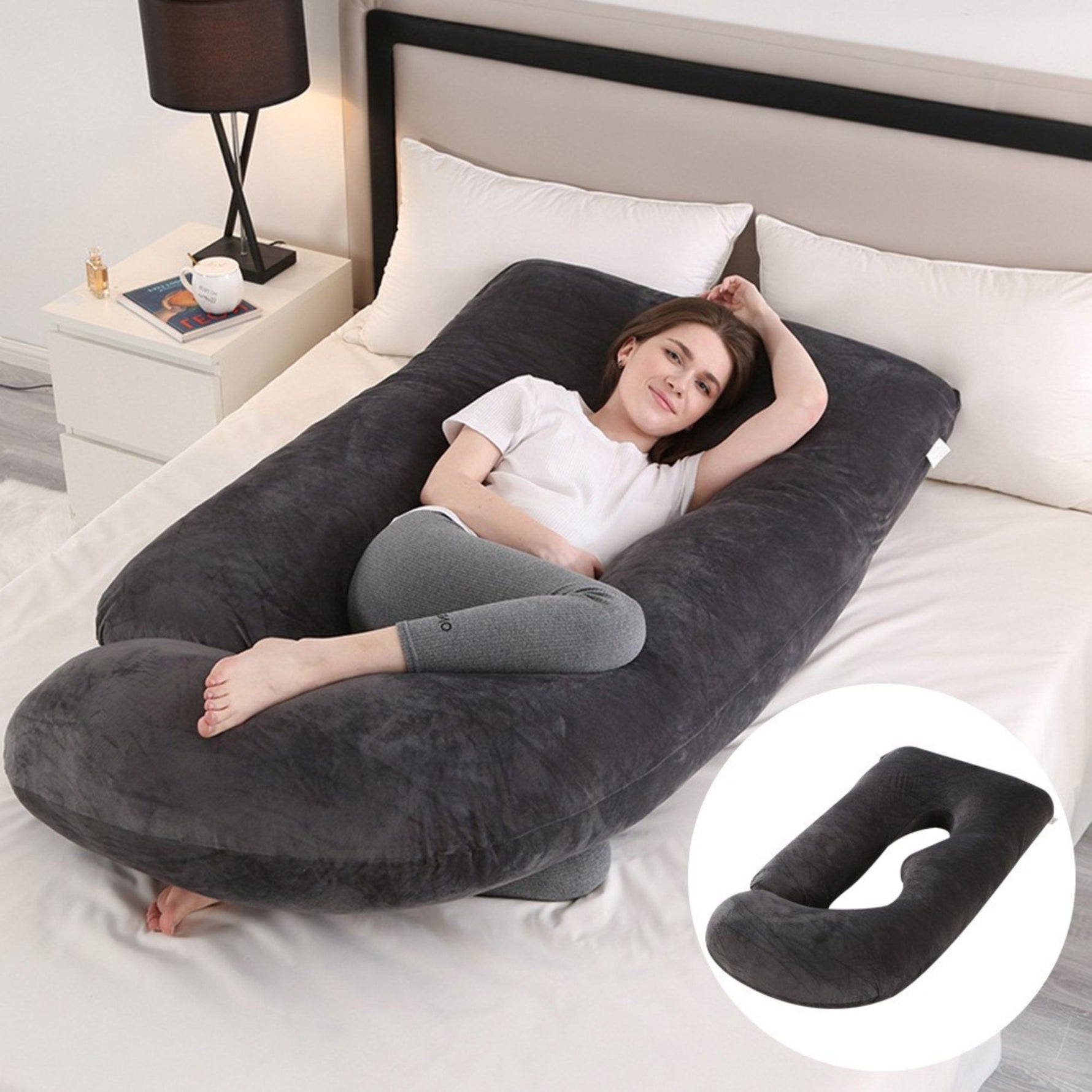 Perna pentru Gravide, Flippy, Perna de Sarcina, Detasabila si Lavabila, Ergonomica Tip J, Captuseala din Poliester, 155