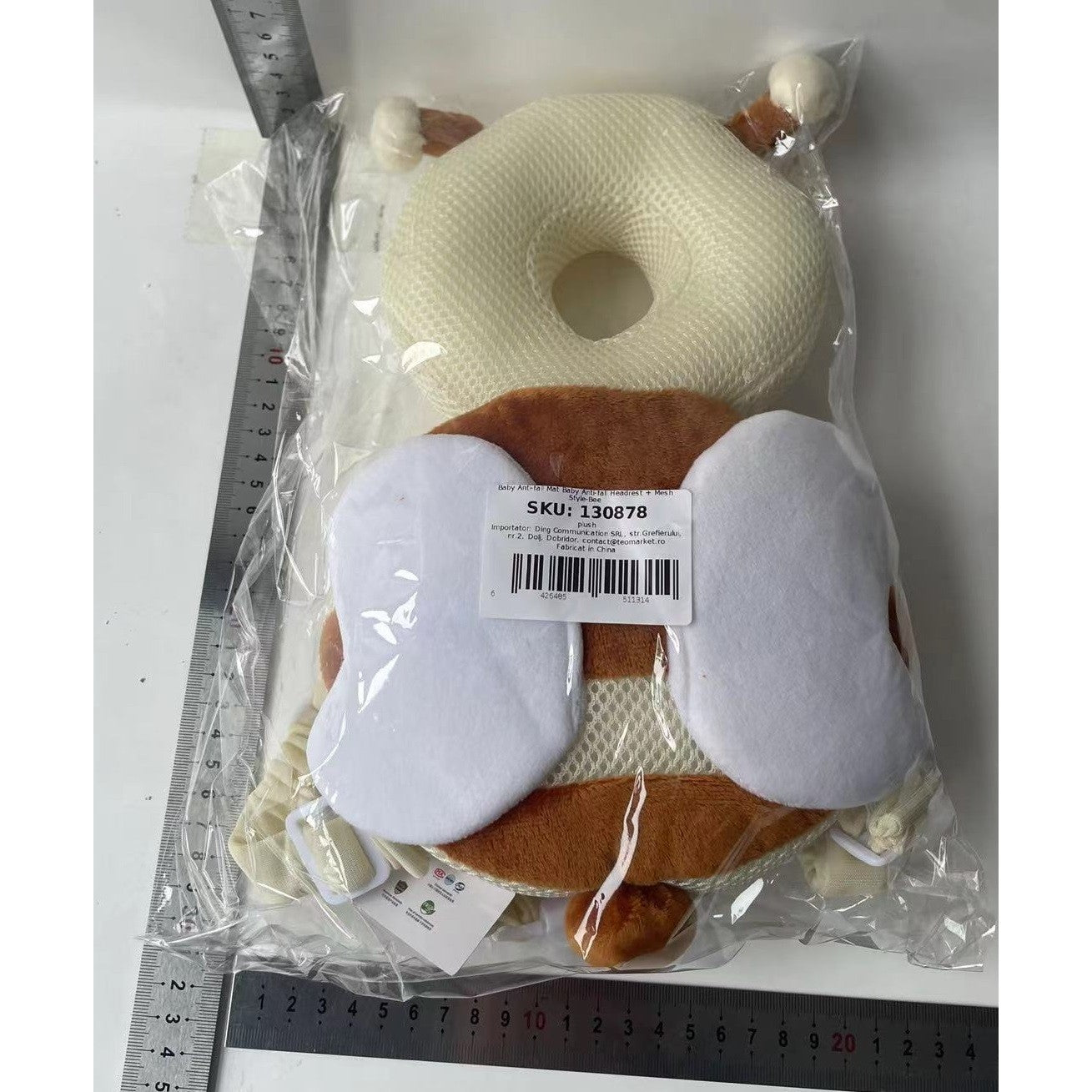 Perna tip Rucsac pentru Protectia Capului, Flippy, Tetiera tip Albina, pentru Bebelusi, Design tip Plasa, 33x6x19 cm,