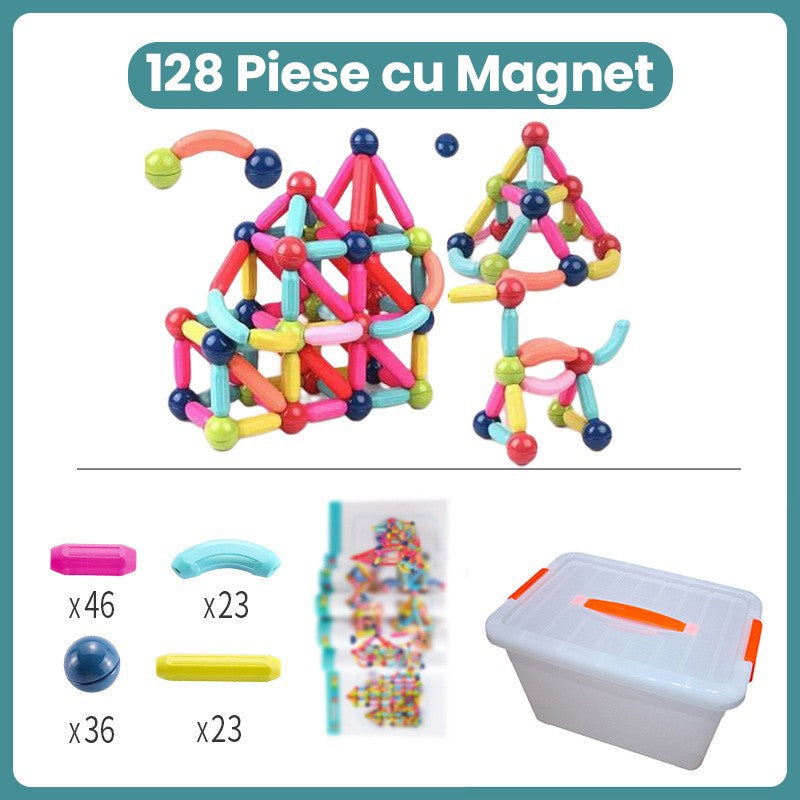 Piese Magnetice pentru Copii, Flippy, Set din 128 de Piese de diferite Culori, Constructor Magnetic cu Posibilitatea de