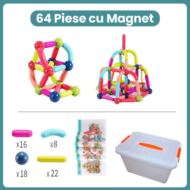 Piese Magnetice pentru Copii, Flippy, Set din 64 de Piese de diferite Culori, Constructor Magnetic cu Posibilitatea de