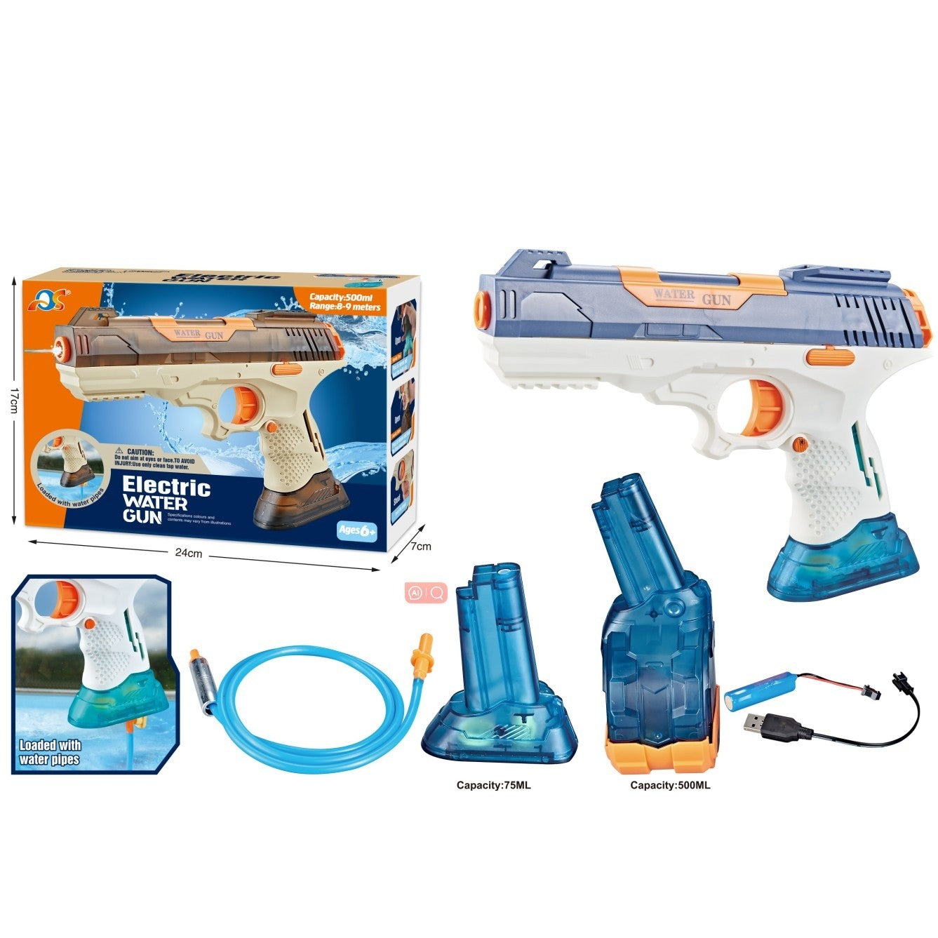 Pistol cu Apa Electric, Flippy, 2 Rezervoare 75/350 ml, din ABS+Silicon, Baterie, Incarcare USB, Conectare la Furtun,