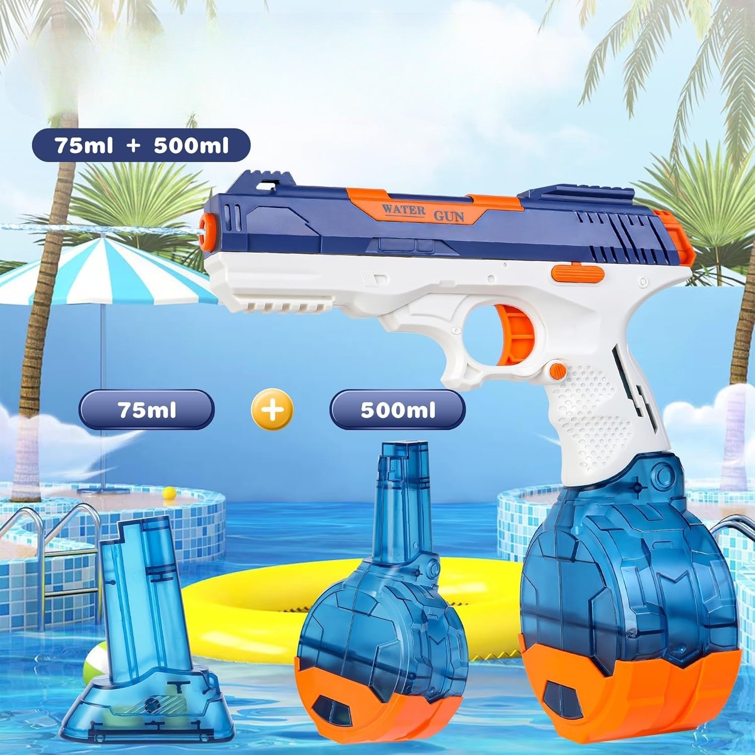 Pistol cu Apa Electric, Flippy, 2 Rezervoare 75/350 ml, din ABS+Silicon, Baterie, Incarcare USB, Conectare la Furtun,
