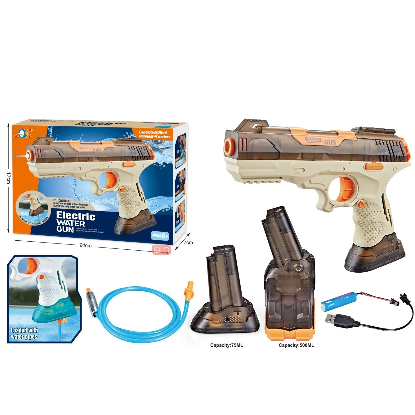 Pistol cu Apa Electric, Flippy, 2 Rezervoare 75/350 ml, din ABS+Silicon, Baterie, Incarcare USB, Conectare la Furtun,