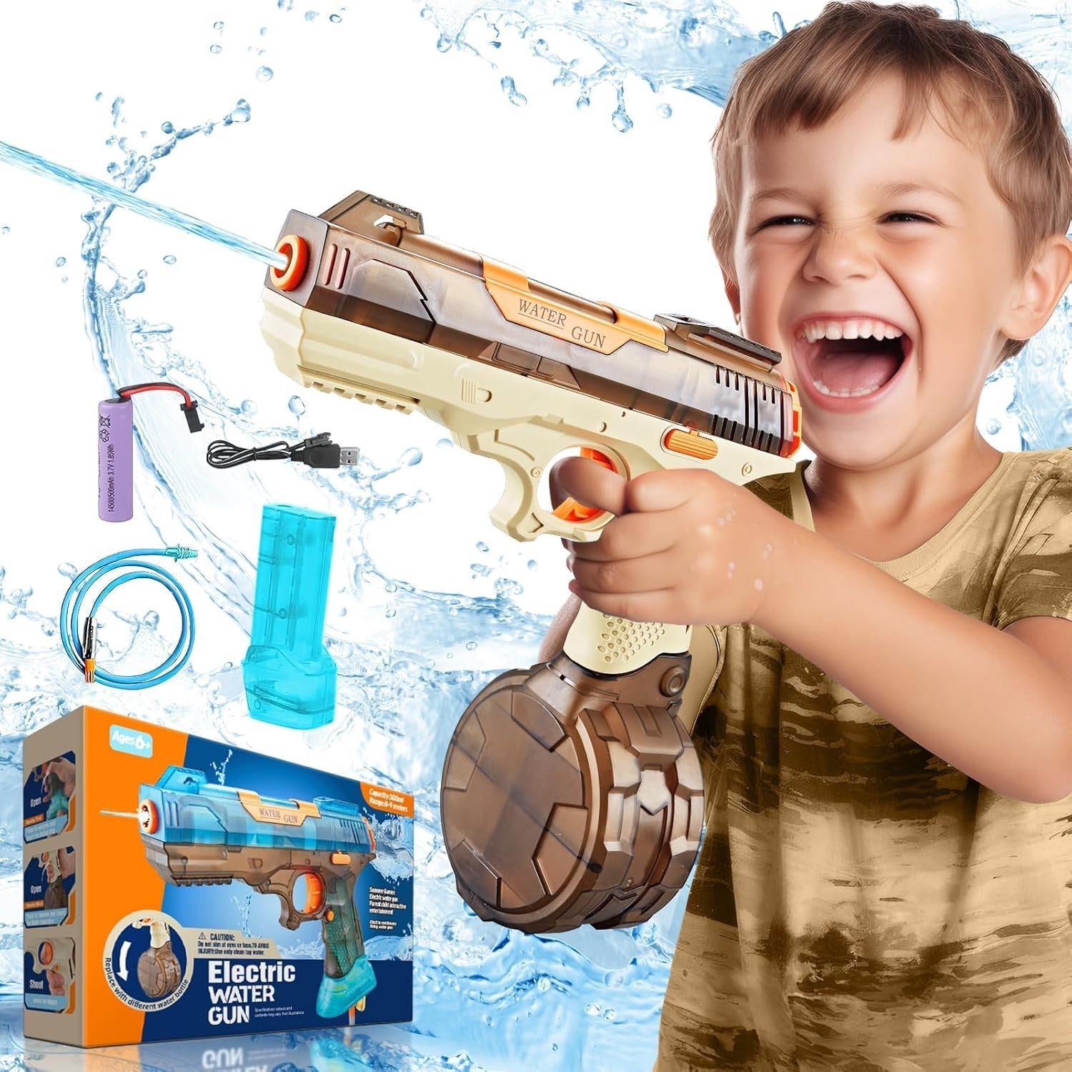 Pistol cu Apa Electric, Flippy, 2 Rezervoare 75/350 ml, din ABS+Silicon, Baterie, Incarcare USB, Conectare la Furtun,