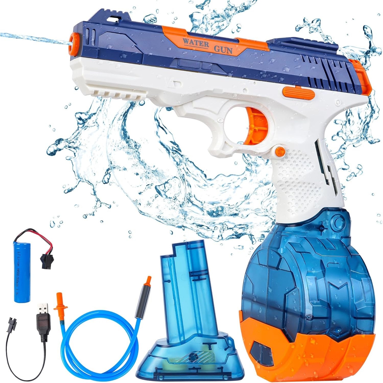 Pistol cu Apa Electric, Flippy, 2 Rezervoare 75/350 ml, din ABS+Silicon, Baterie, Incarcare USB, Conectare la Furtun,