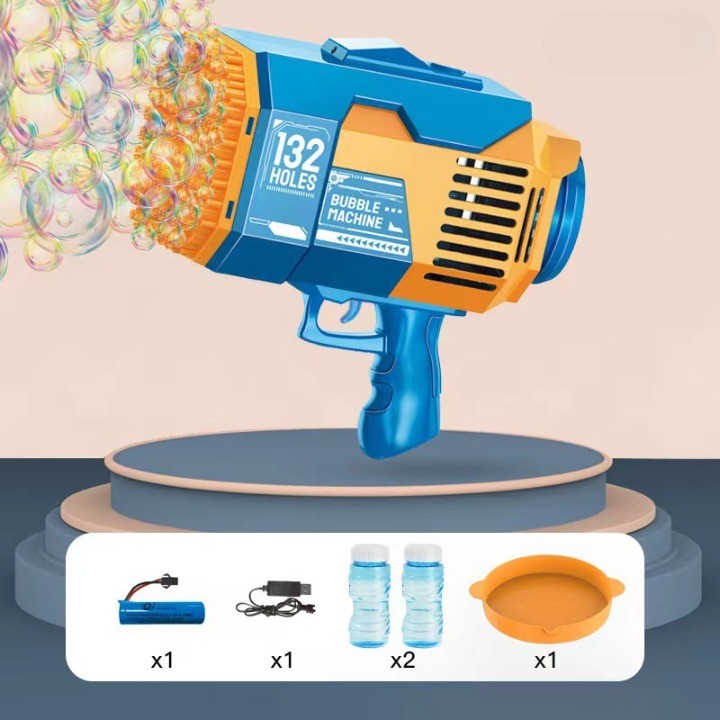 Pistol pentru Baloane de Sapun, Flippy, 132 de Gauri, Lumini Colorate, Tavita, Lichid, Baterie de Li, Cablu de