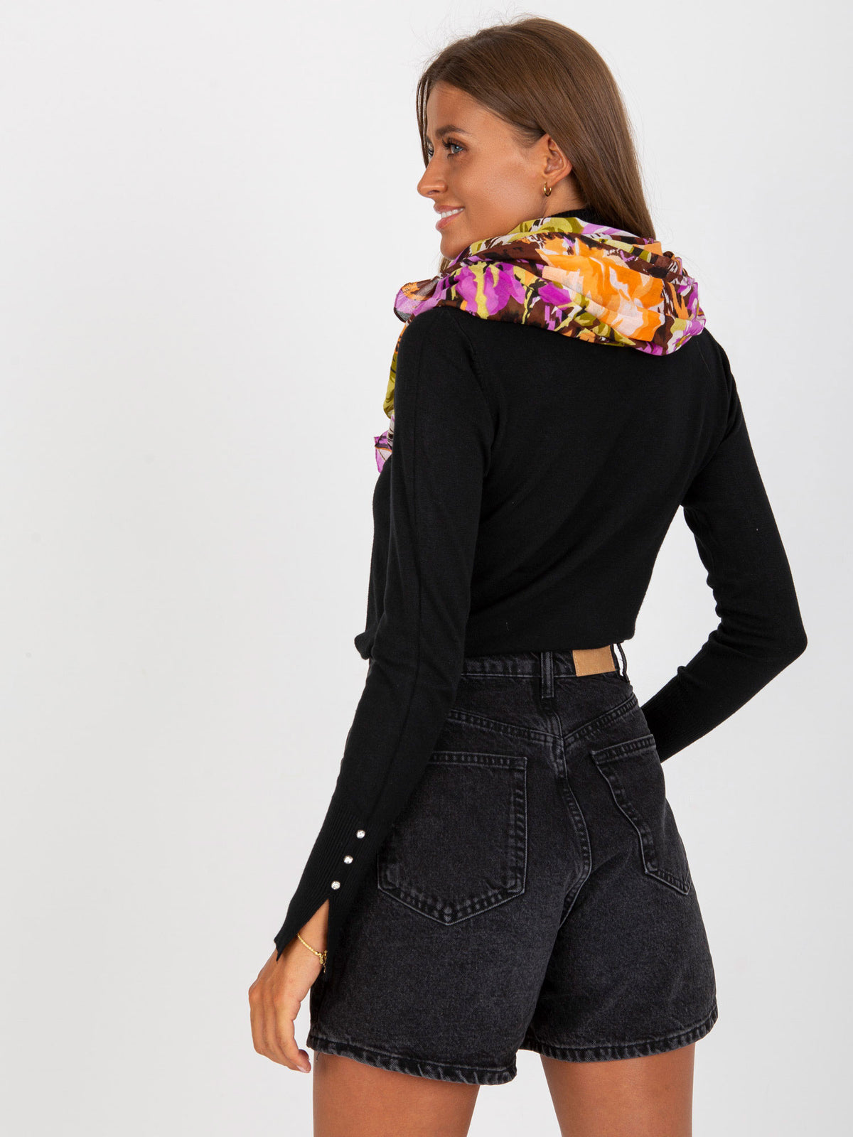 Eșarfă din bumbac cu model maro și violet