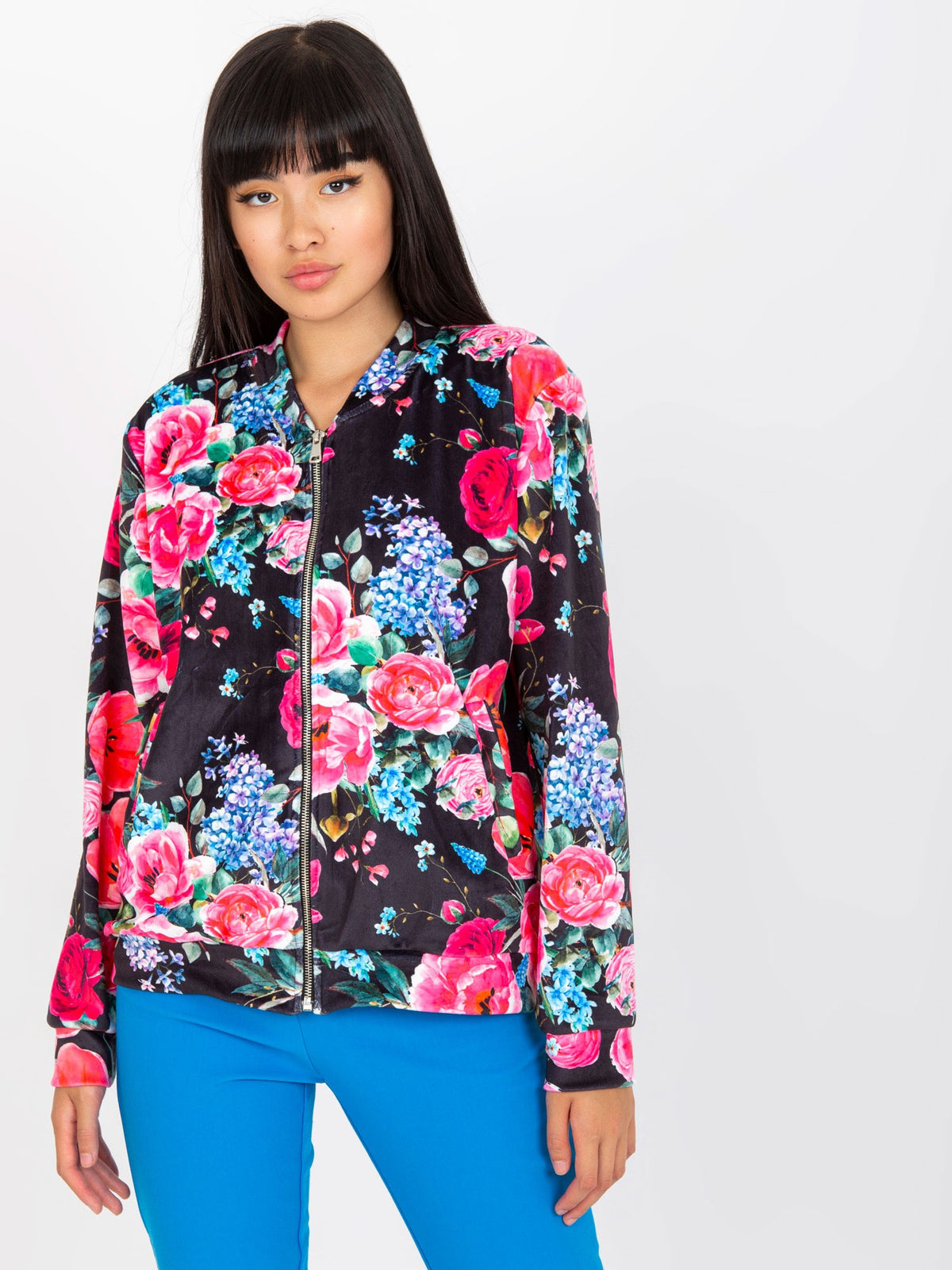 Hanorac bomber din catifea neagră și roz cu imprimeu floral RUE PARIS